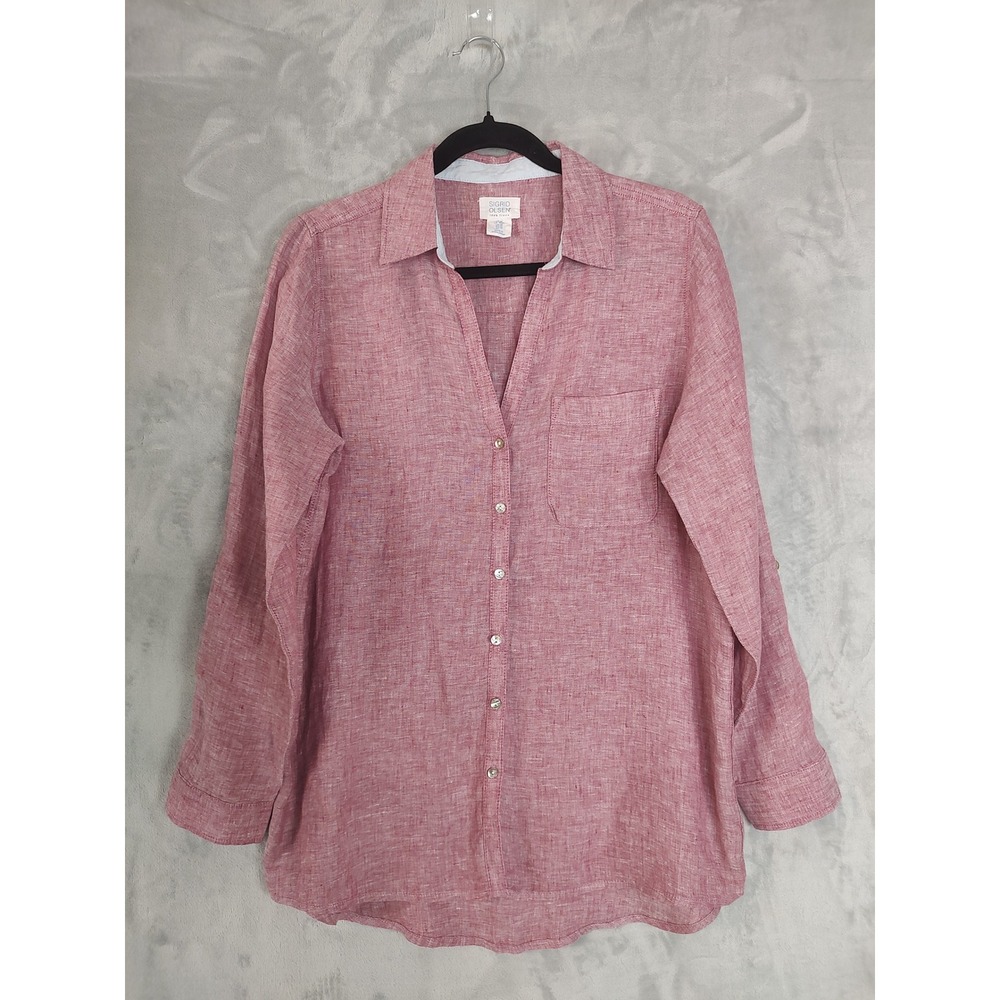 Sigrid Olsen Linen Button Down Shirt Womens Medium Roll Tab Sleeve Rose